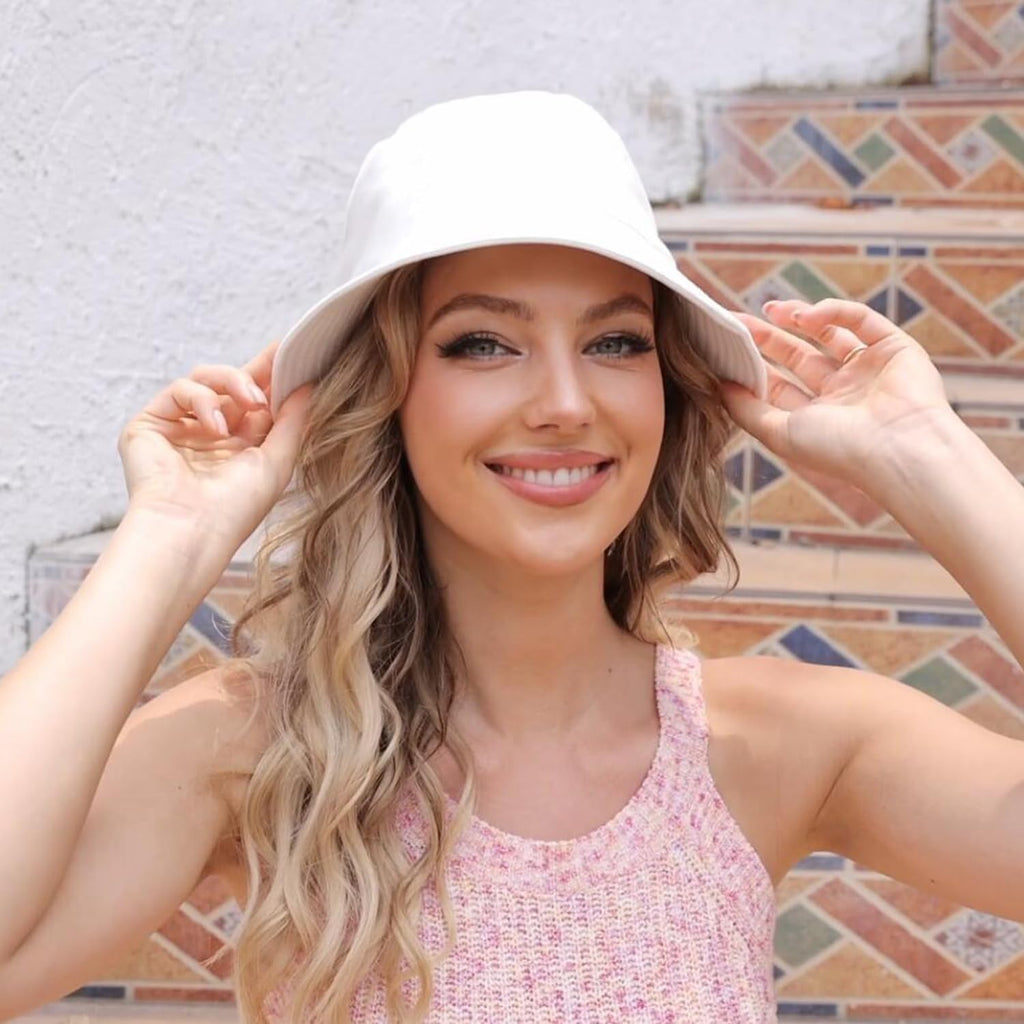 Bucket Hat for Women Men, Reversible Cotton Summer Sun Beach Cap Solid Color Style White