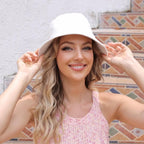 Bucket Hat for Women Men, Reversible Cotton Summer Sun Beach Cap Solid Color Style White