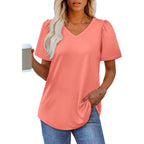 OFEEFAN T Shirts for Women V Neck Dressy Casual Blouses Puff Short Sleeve Summer Tops Loose Fit