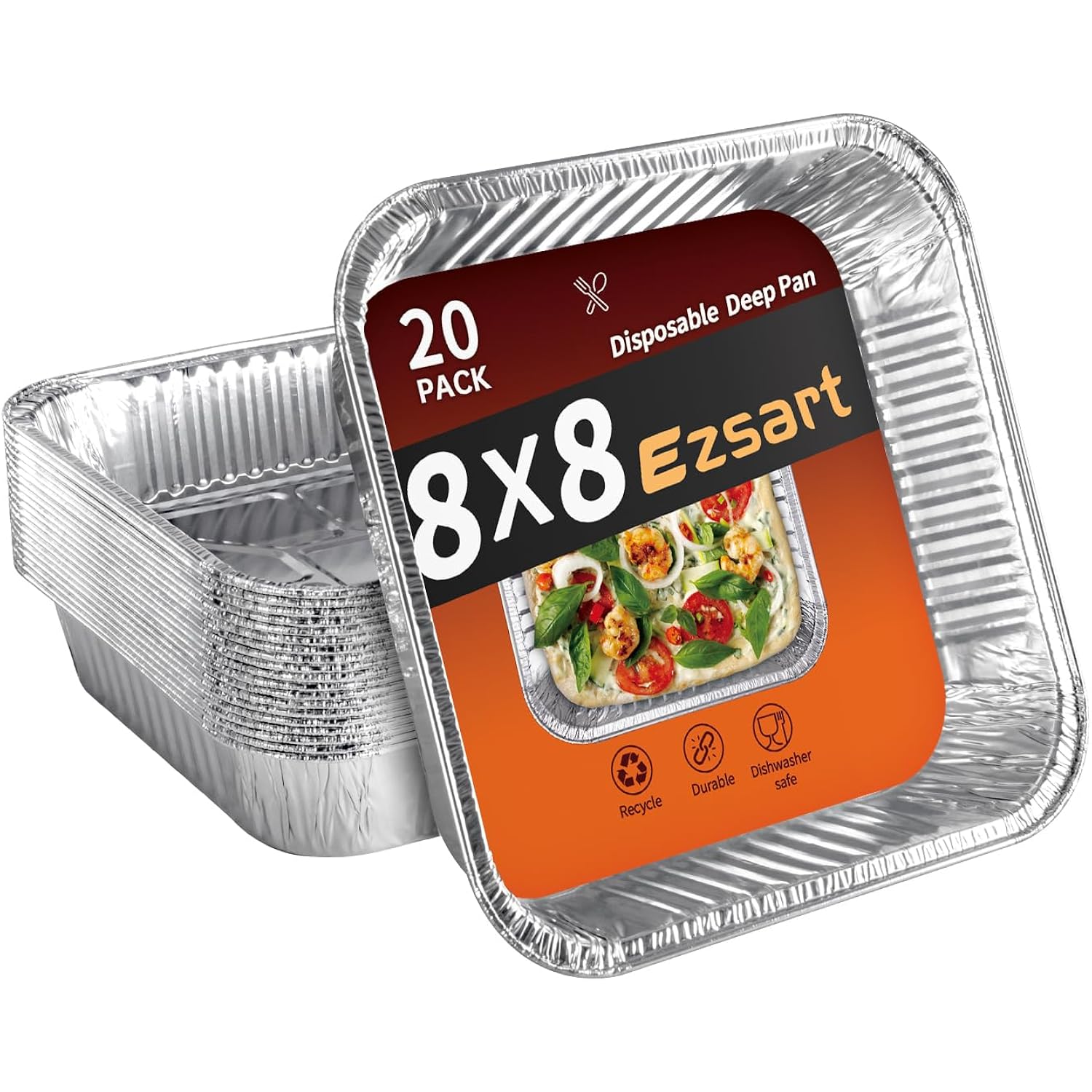 8x8 Aluminum Pans - 20 Pack Disposable Foil Pans, Heavy Duty Square Aluminum Baking & Roasting Trays for Meal Prep, Food Storage, Heating & Party Serving