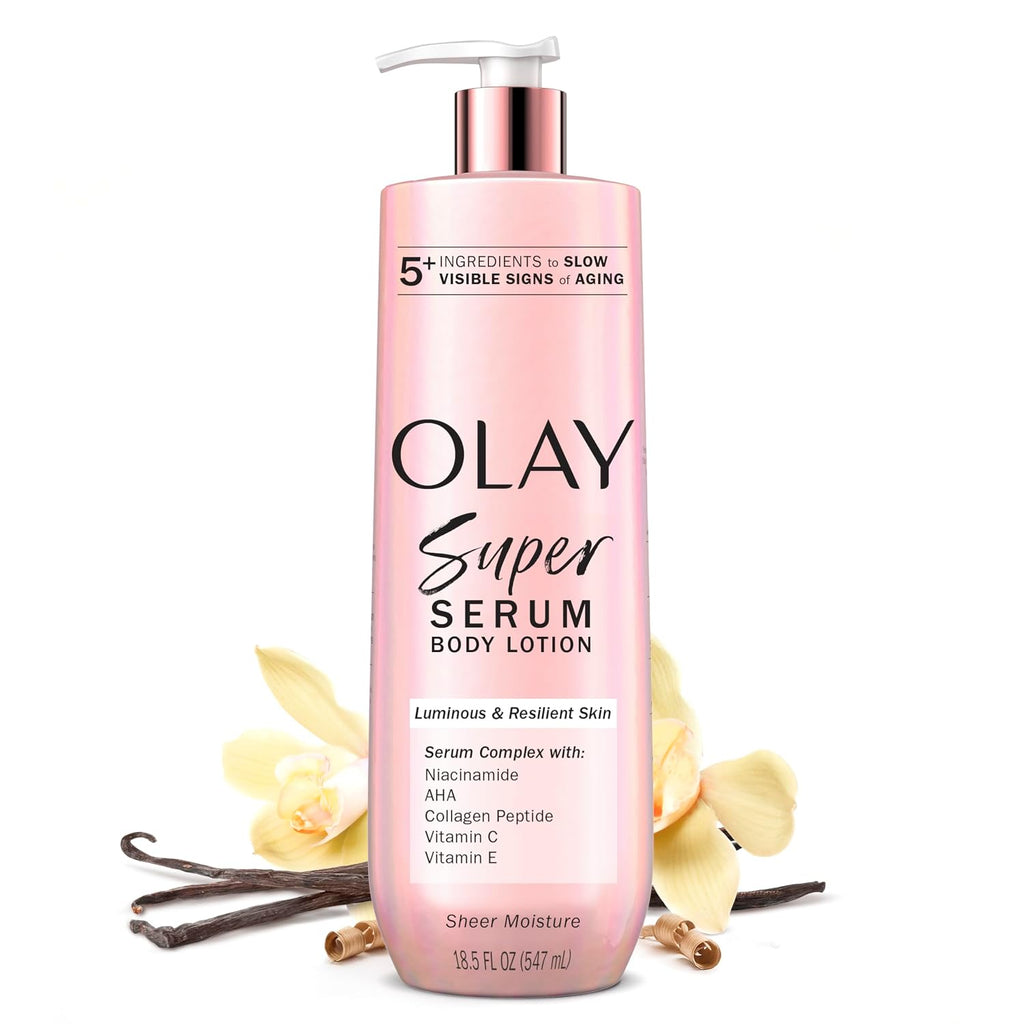 Olay Super Serum Hand & Body Lotion For Dry Skin, 24Hr Long Lasting Hydration, 5+ Ingredient Complex For Bright Even Firm Luminous Skin, Sweet Vanilla & Soft Wood Scent, 18.5 Fl Oz