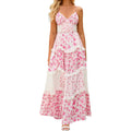 Women Floral Maxi Dress Spaghetti Strap V Neck Patchwork Bohemian Flowy Dresses Summer Fall