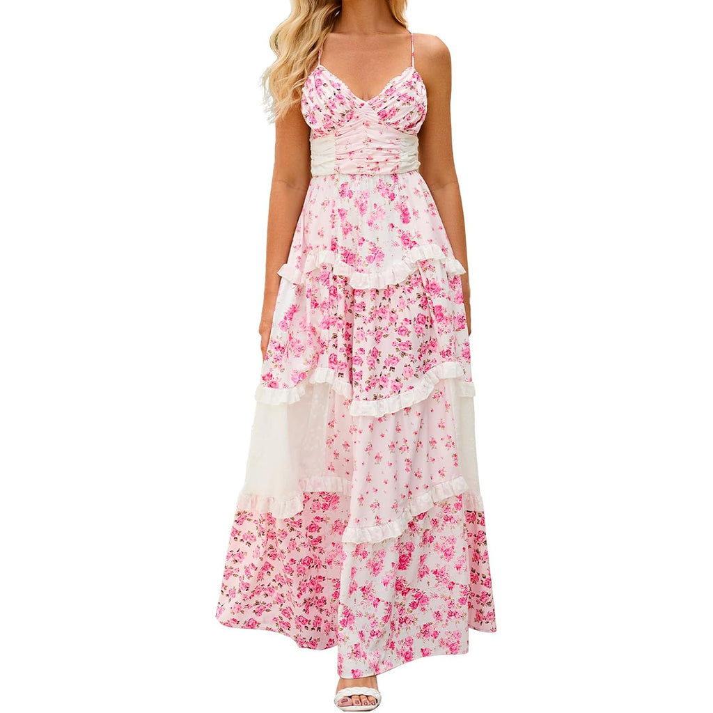 Abyovrt Women Floral Maxi Dress Spaghetti Straps V Neck Patchwork Flowy Boho Sundress Tiered Long Dresses