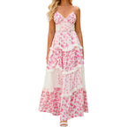 Abyovrt Women Floral Maxi Dress Spaghetti Straps V Neck Patchwork Flowy Boho Sundress Tiered Long Dresses