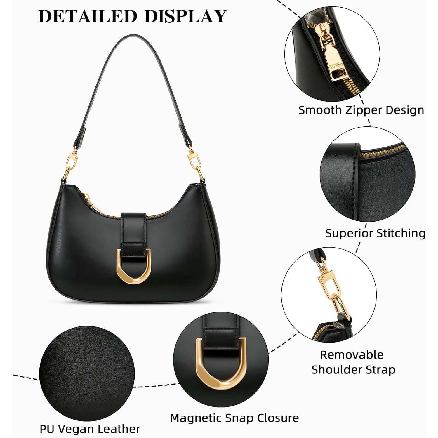 KKXIU Small Shoulder Bag for Women - Crescent Bag Small Purses for Women Trendy Vegan Leather Purse with Removable Strap