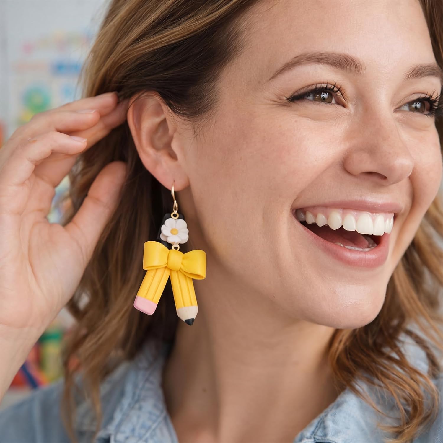 4 Pairs Teacher Earrings for Women Cute Polymer Clay Teacher Day Studs Earrings Gifts Pencil Crayon Composition Notebook Book Jewelry for Graduation Appreciation End of Year Accessories