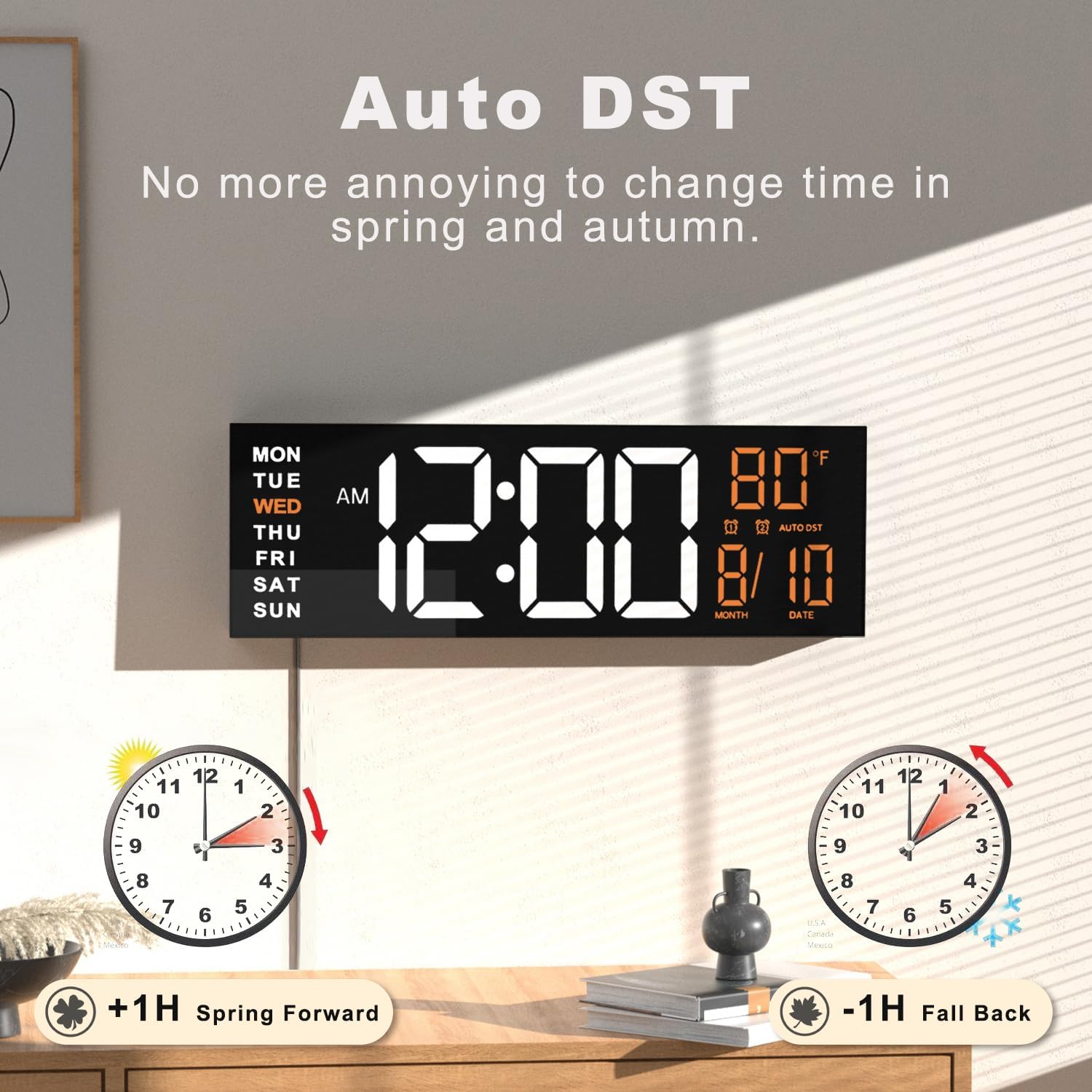 Jall 16" Large Digital Wall Clock With Remote, Big Led For Seniors, Auto Dimming, 8 Rgb Colors, Night Light, Count Down Timer, Alarm, Dst, Temperature For Living Room, Back To School Classroom