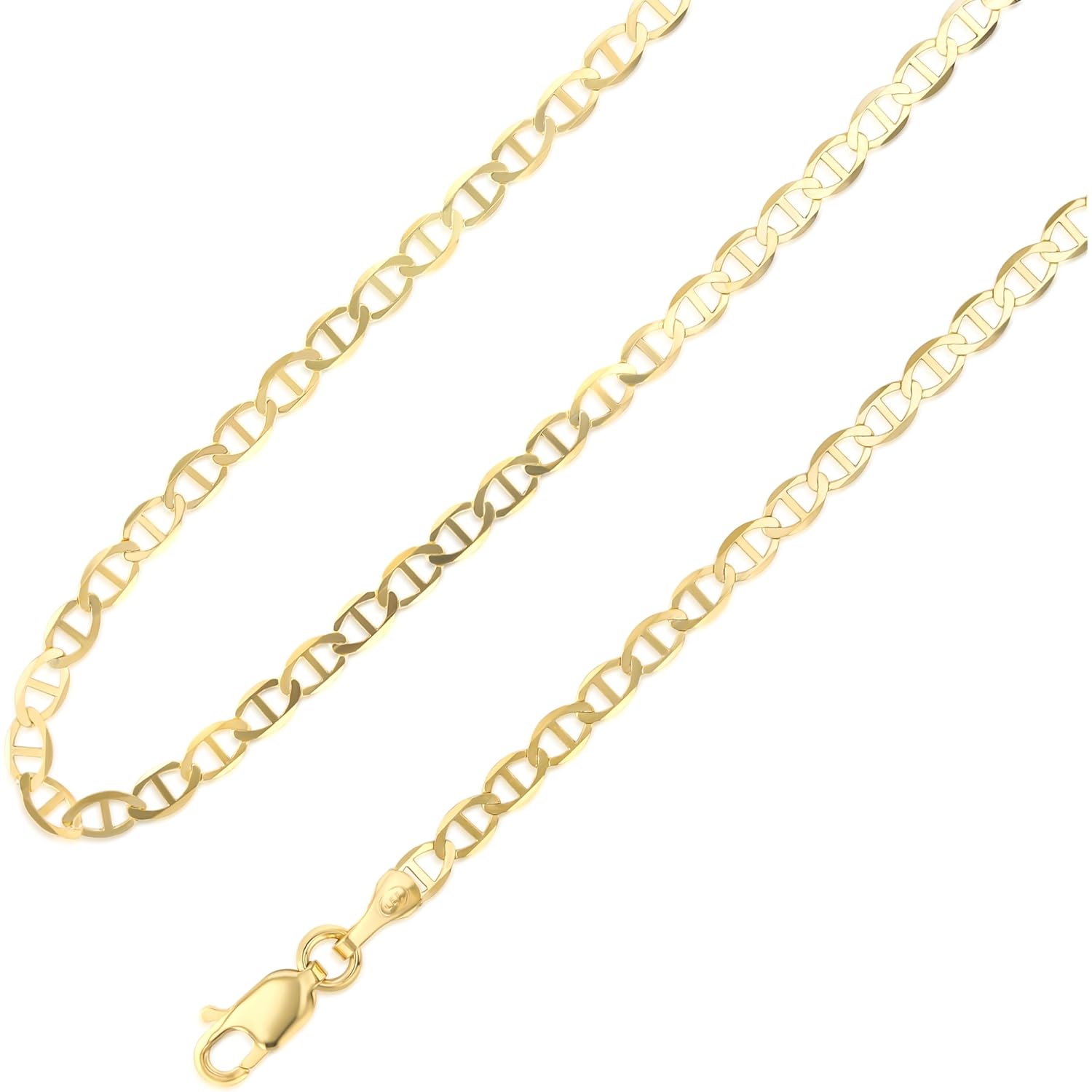 Ioka - 14K Yellow Solid Gold 3.4mm Flat Mariner Chain Necklace with Lobster Clasp