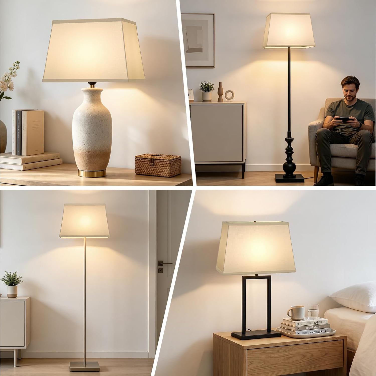 Rectangle Lamp Shades Set Of 2, Top 7"X12.5",Bottom 9"X15",Height 10",White | Square Large Lampshades For Table Lamps Floor Lamps, Spider, Harp Holders Included, Natural Linen Replacement, Easy Assembly