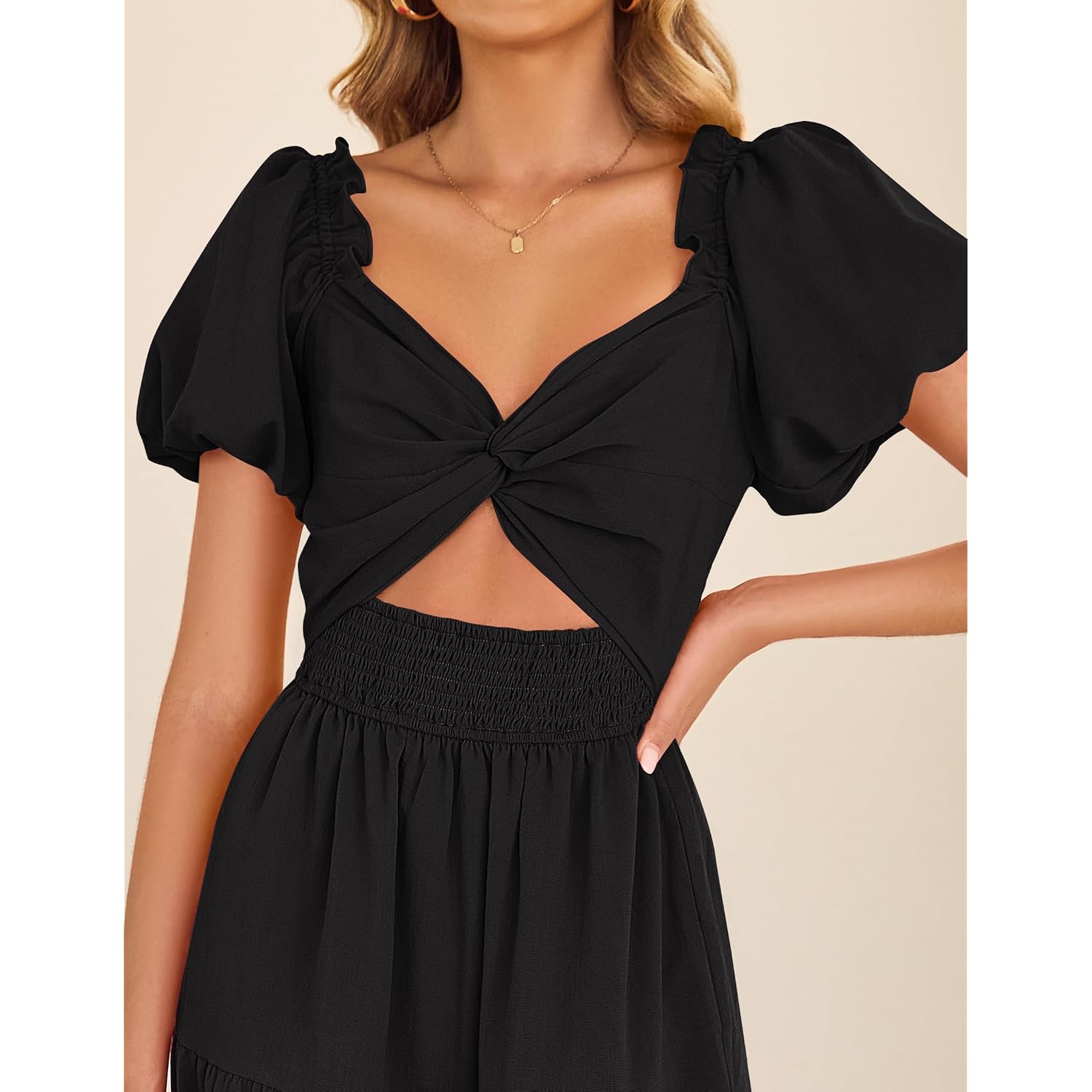 Zesica Womens Summer Casual Flowy Vacation Maxi Dress 2026 Short Puff Sleeve A Line Smocked Cutout Beach Party Dresses