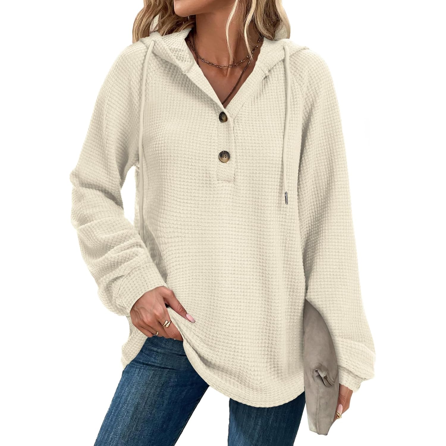 Hoodies Sweatshirt for Women Waffle Long Sleeve Oversized Sweaters Drawstring Button V Neck Casual Pullover Tops