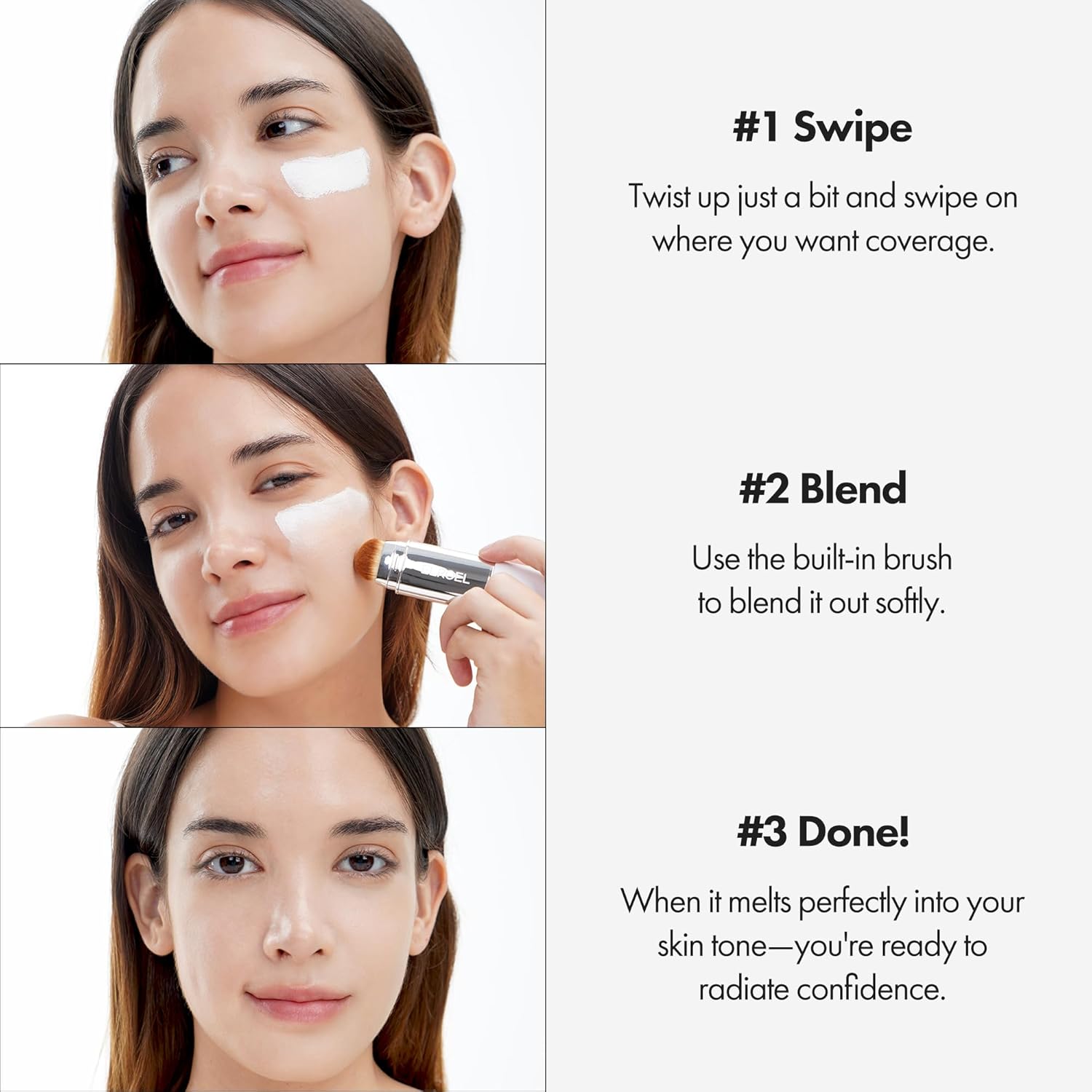 ELROEL Blanc Cover Cream Stick V White - Korean Color-Changing Foundation Stick with Volufiline - Medium to Full Coverage Dewy Finish Base Makeup - Dual-Ended with Detachable Brush (203 Medium)