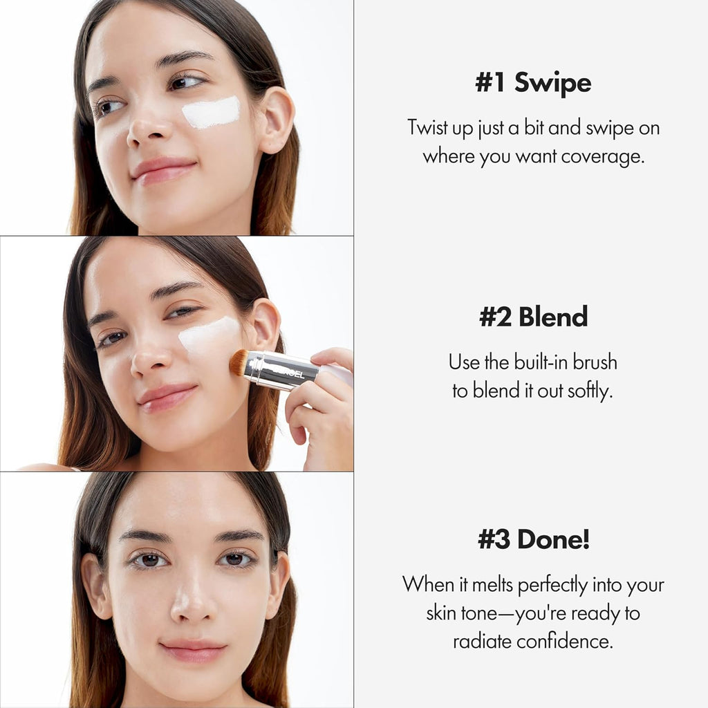 ELROEL Blanc Cover Cream Stick V White - Korean Color-Changing Foundation Stick with Volufiline - Medium to Full Coverage Dewy Finish Base Makeup - Dual-Ended with Detachable Brush (203 Medium)