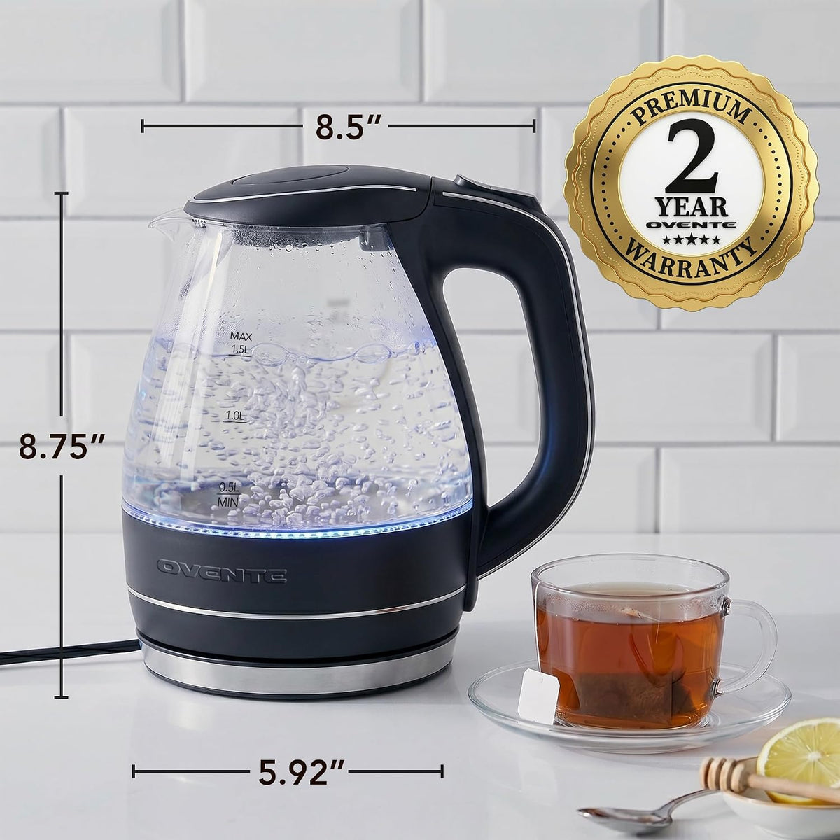 Ovente Electric Kettle, 1.5L Borosilicate Glass Countertop Water Heater And Boiler For Coffee Or Tea, Bpa-Free, Auto Shut-Off, Boil-Dry Protection, Removable And Washable Spout Filter, Black Kg83B