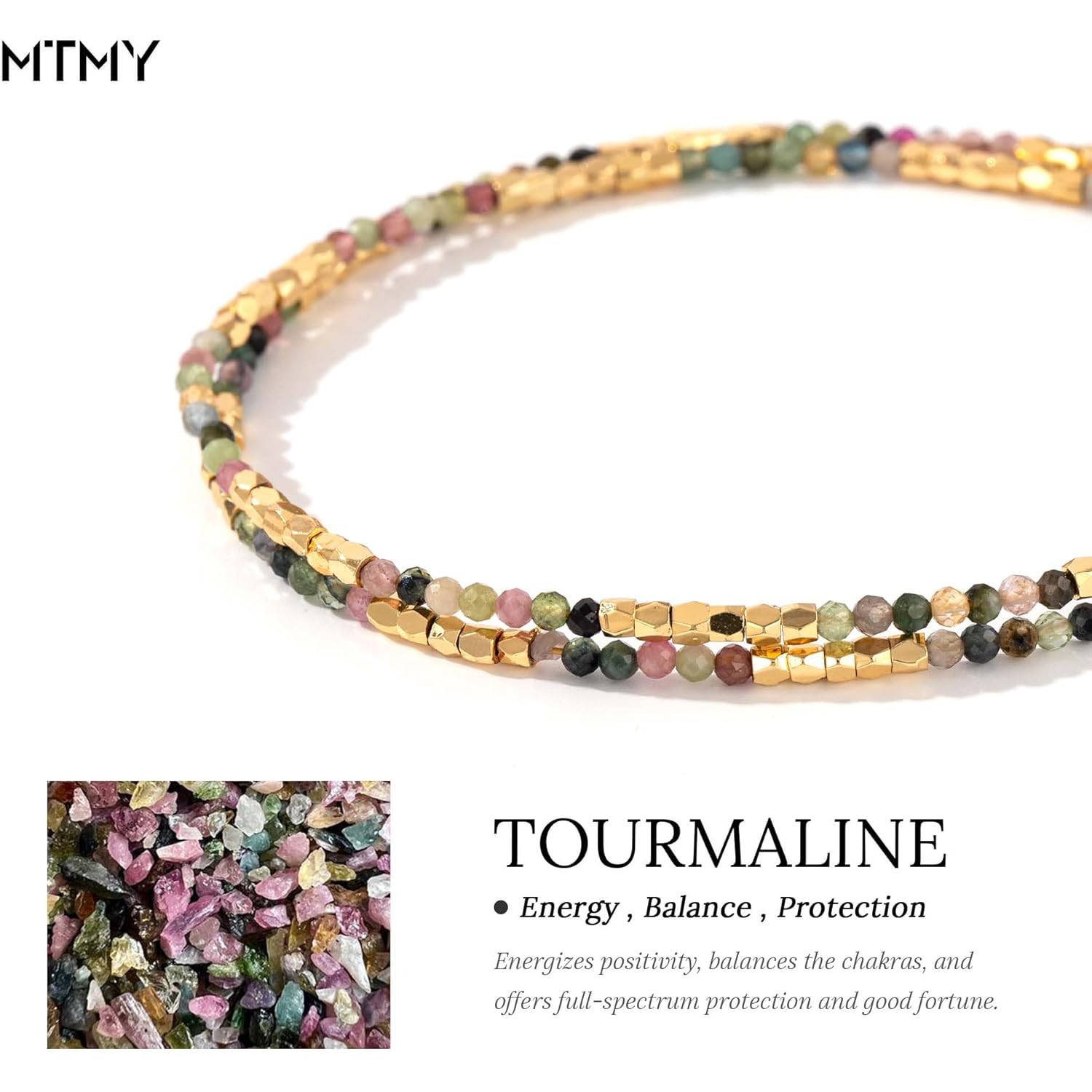 MTMY Beaded Gemstone Choker Necklace for Women, 14K Gold Plated Boho Colorful Natural Stone Bead Chain Necklace Summer Beach Handmade Jewelry