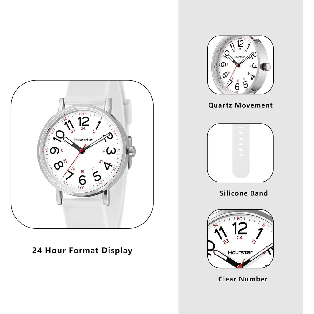 Women's Analog Nurse Watch with Second Hand for Nursing, 12/24 Time, Silicone Band, Easy Read