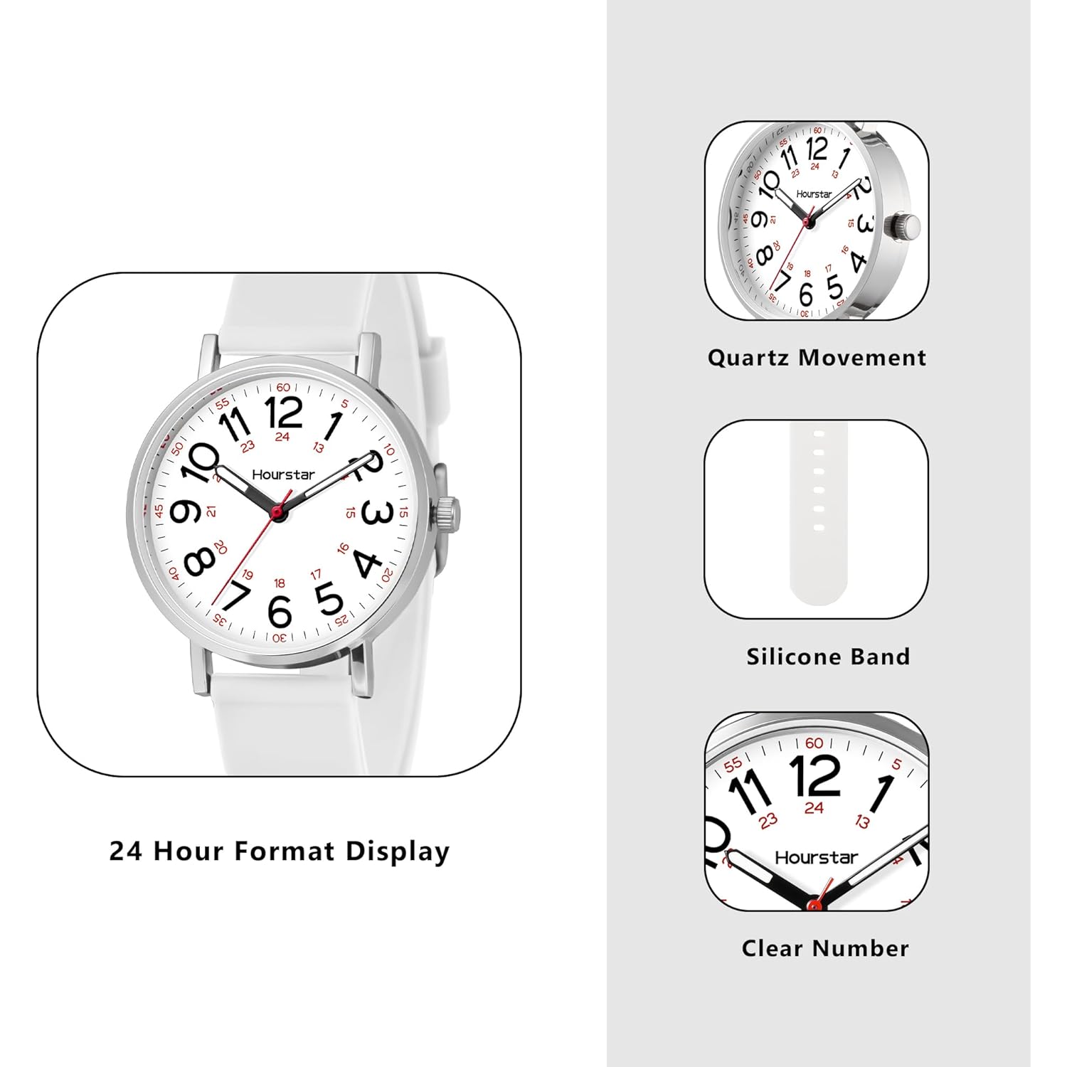 Women's Analog Nurse Watch with Second Hand for Nursing, 12/24 Time, Silicone Band, Easy Read