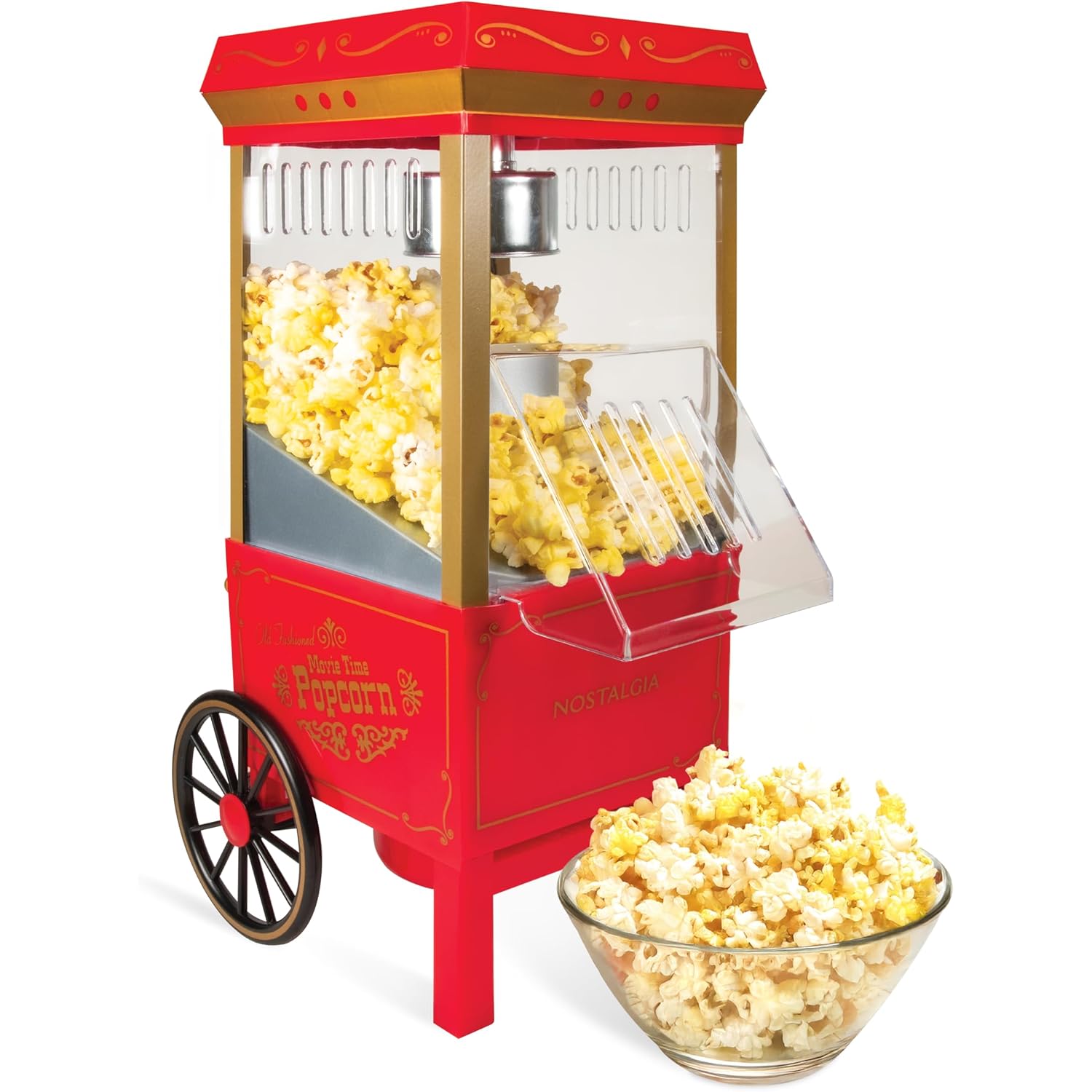 Nostalgia Vintage Hot-Air Popcorn Maker Machine - Makes Up To 12 Cups - Oil-Free - Healthier Popcorn - Classic Stand-Up Cart With Wheels - Includes Kernel Measuring Cup - Red