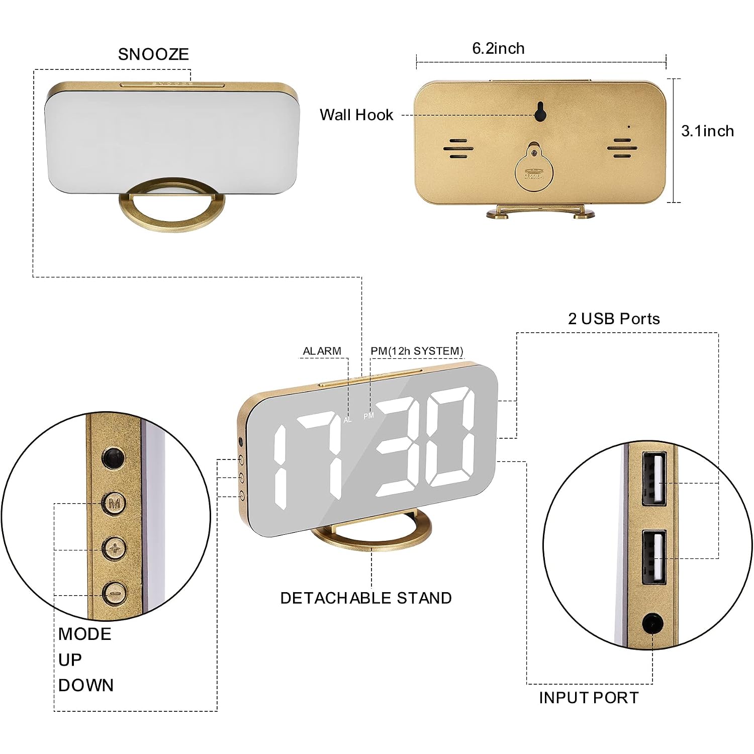 Digital Alarm Clock,Led And Mirror Desk Clock Large Display,With Dual Usb Charger Ports,3 Levels Brightness,12/24H,Modern Electronic Clock For Bedroom Home Living Room Office - Gold