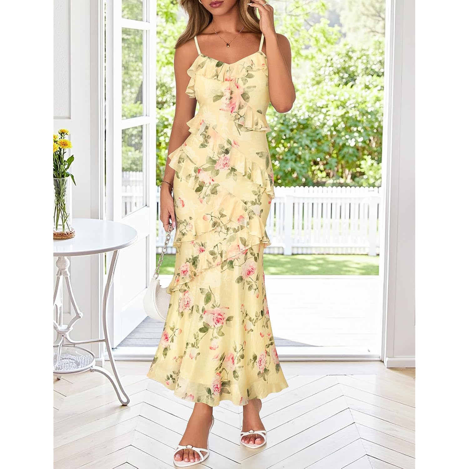 Merokeety Summer Floral Wedding Guest Maxi Dress Women 2026 Vacation Formal Bodycon Spaghetti Strap Cocktail Party Long Dress