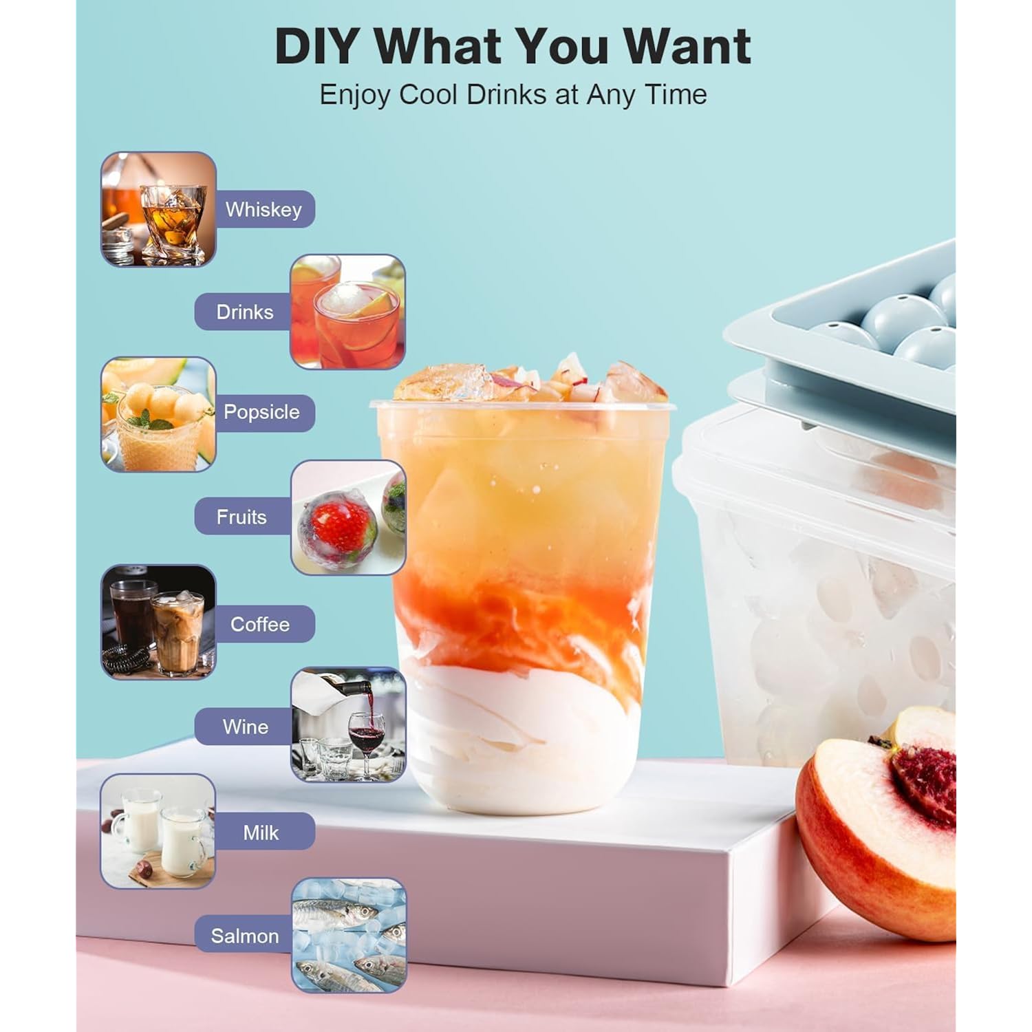 Ice Cube Tray with Lid and Bin – Round Ice Cube Trays for Freezer, BPA-Free Food-Grade Ice Mold, Stackable Ice Ball Maker, Iced Bucket Kits, Circle Ice Tray for Cocktails, Whiskey, Coffee, and Drinks