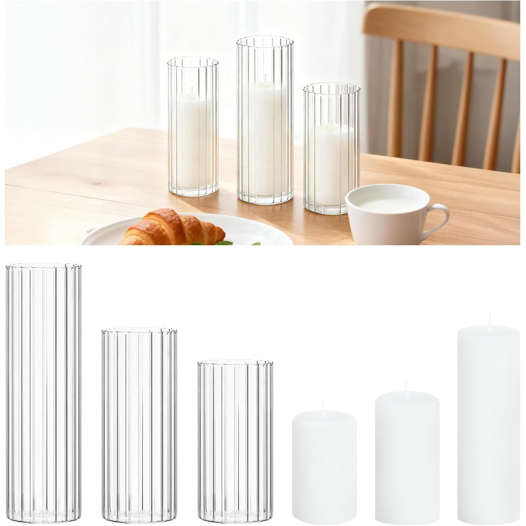 6 PCS White Pillar Candles (2" x3, 4, 6) with Ribbed Glass Cylinder Vases (2.6" x5, 6, 8), Hurricane Glass Candle Holders, Dripless Candles for Wedding Centerpieces, Home & Table Decor