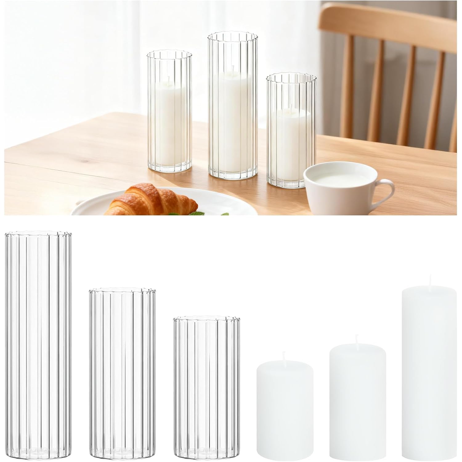 6 PCS White Pillar Candles (2" x3, 4, 6) with Ribbed Glass Cylinder Vases (2.6" x5, 6, 8), Hurricane Glass Candle Holders, Dripless Candles for Wedding Centerpieces, Home & Table Decor