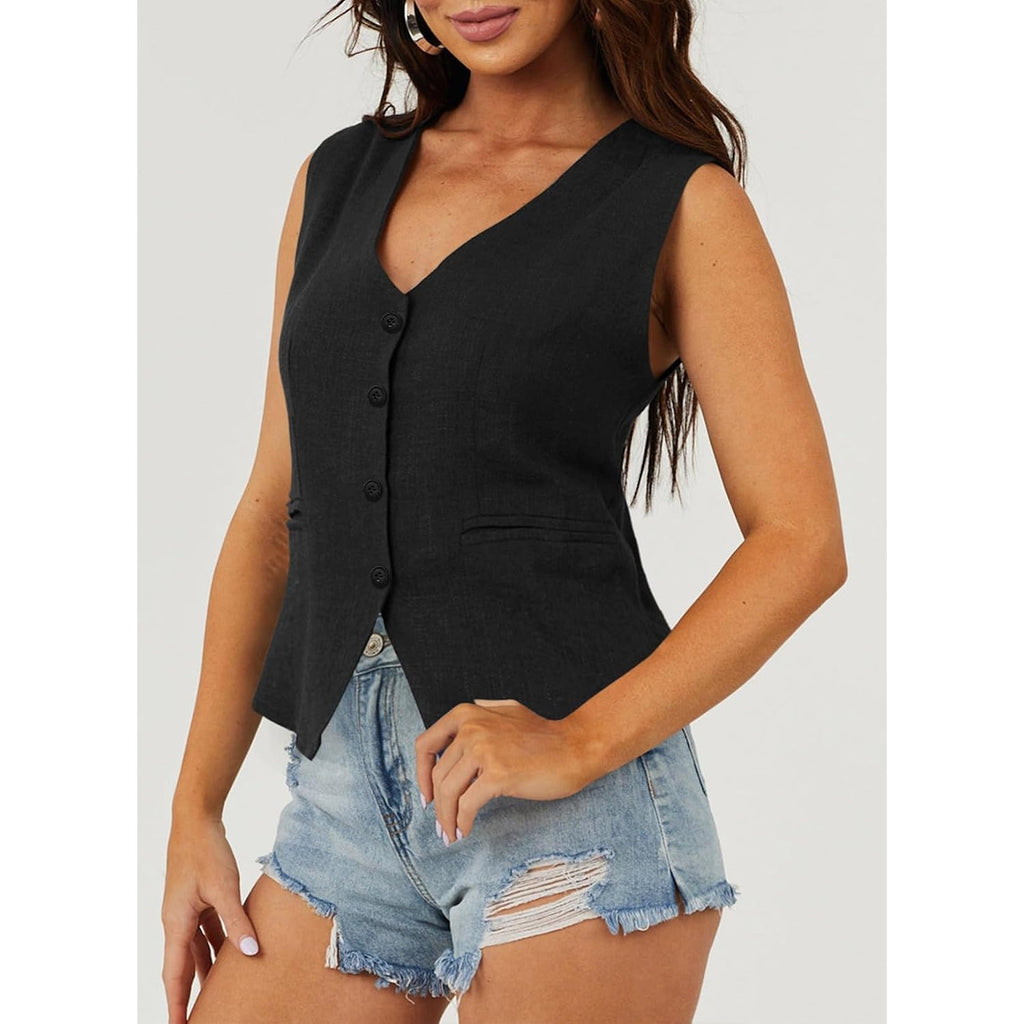 Dokotoo Womens Vest Dressy Casual V-Neck Button-Down Lined Suit Jacket Waistcoat Versatile Vests