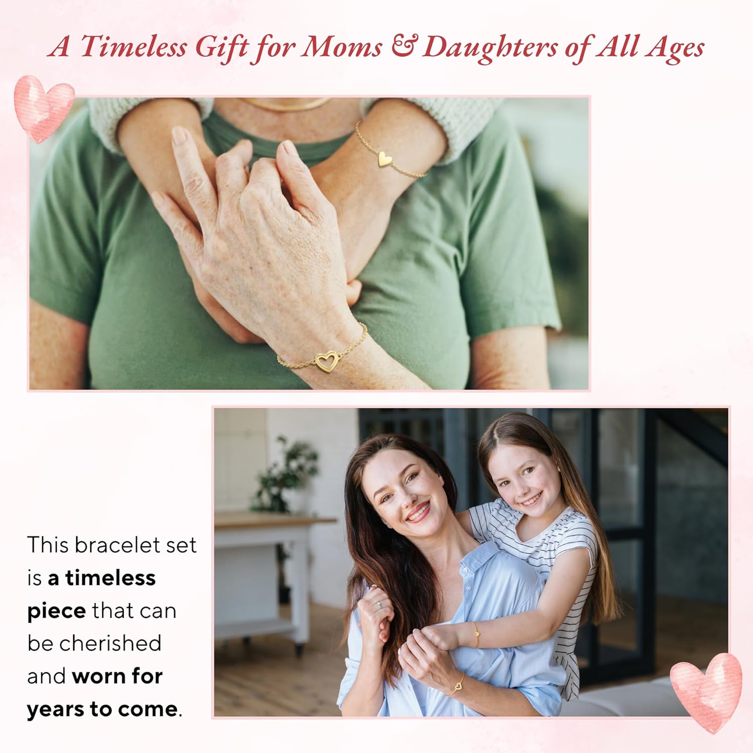 SUCHAGIFT Mother Daughter Bracelets Set for 2 - Mothers Day, Birthday Gifts for Mom from Daughter - Bracelet for Mom - 14K Gold Plated Stainless Steel Matching Heart Bracelets