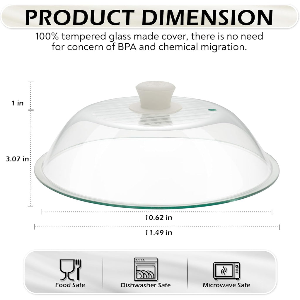 OEC Lighter Weight Tempered Glass Microwave Splatter Cover - 11.5 inch (Inner Diameter 10.6”) - Heat-Resistant -Durable Glass Lid with Vent, Silicone Knob, Dishwasher Safe, 100% Food Grade - BPA Free