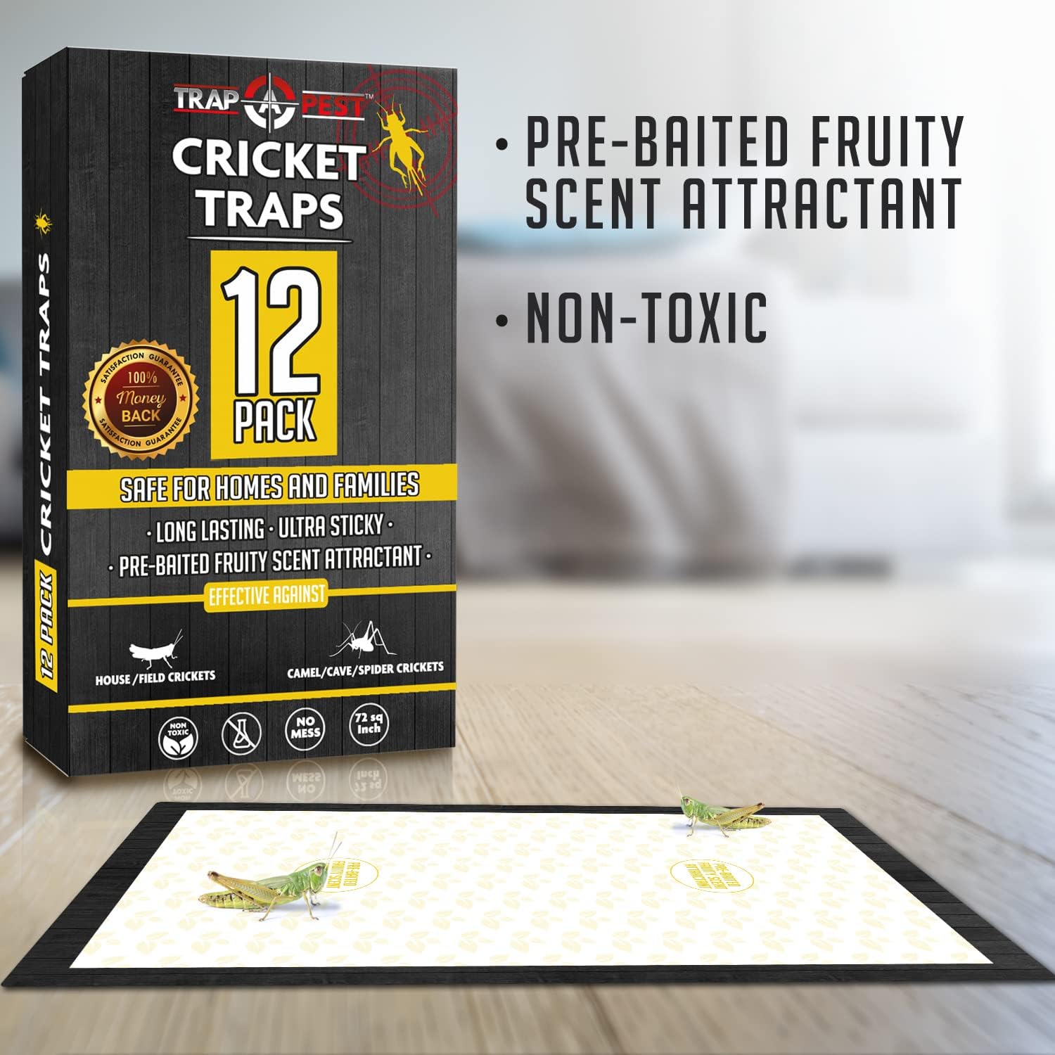 Cricket Traps Indoor (12 Traps) Extra Large Bug Sticky Traps - Non-Toxic Extra Sticky Glue Traps For Bugs - Pre-Baited Fruity Scent Crickets Bug Trap Indoor - Insect Glue Traps For Bugs - Trap A Pest