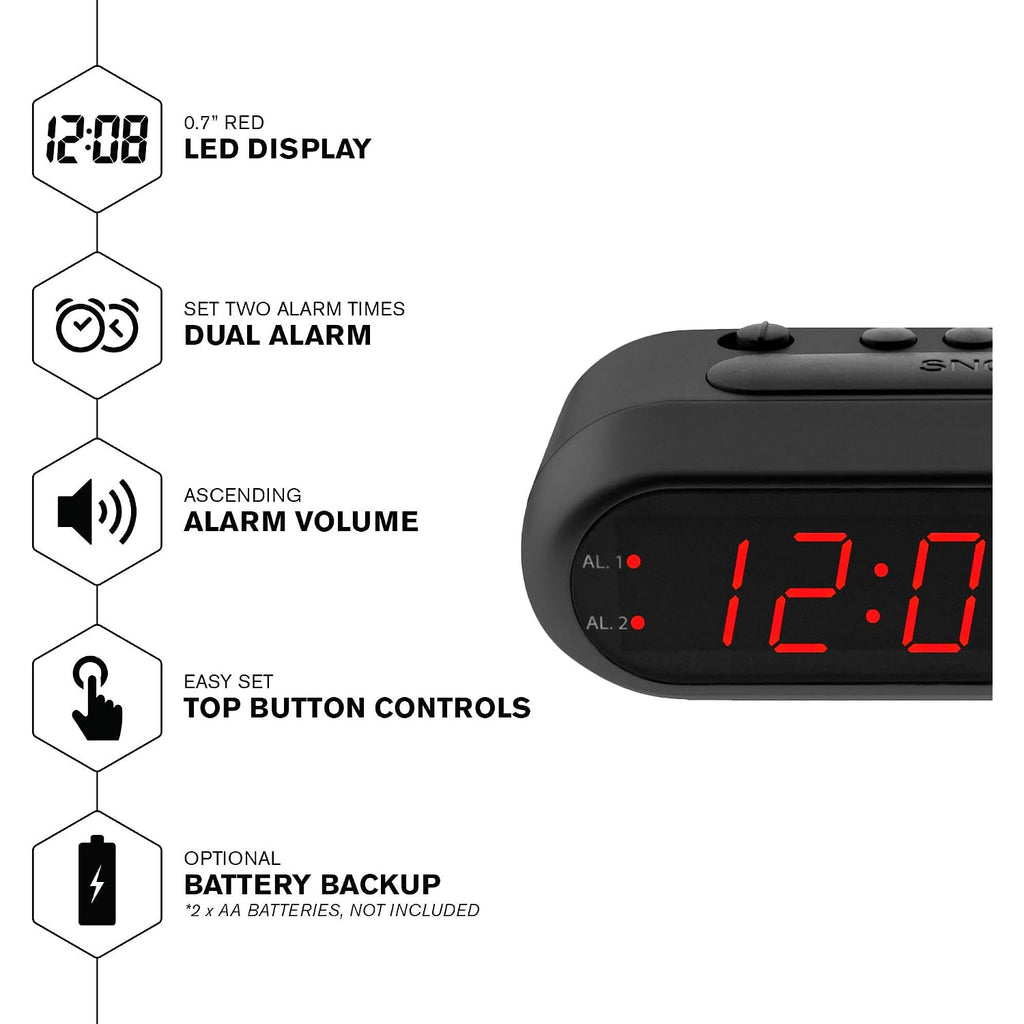 Sharp Digital Alarm Clock For Heavy Sleepers, Dual Alarm, Red Led, Black | Ascending Wake Sound, Weekday/Weekend Scheduling, 9-Minute Snooze, Easy-Set Controls, 2 Aa Backup, Bedroom, Dorm, Office