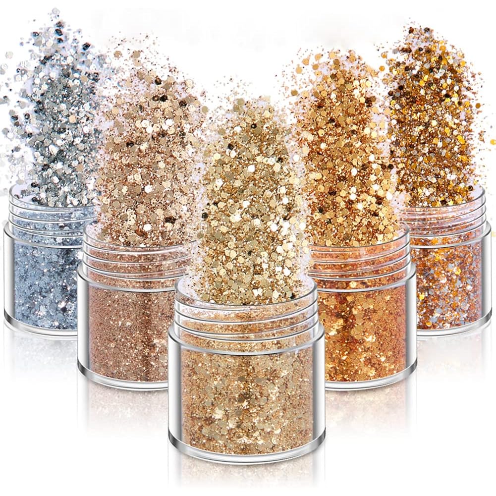 Holographic Nail Art Glitters Gold Silver Nail Sequins 3D Laser Acrylic Nails Powder Dust Flakes Nail Art Supplies for Nails Art Decoration Nail Sparkle Manicure Accessories Glitters Crafts 5 Boxes