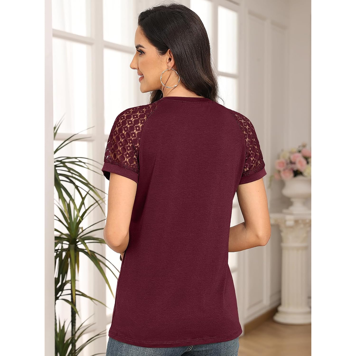 Automet Women'S Lace Short Sleeve Tops - Pleated Business Casual Work Shirts For Summer