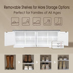 Shoe Bench, Entryway Storage Bench With Doors, Cushion, 2-Tier Shoe Rack With 8-Cubby, 47.2”L X 13.8”W Shoe Organizer Cabinet, Adjustable Shelf, Living Room, Bedroom, White