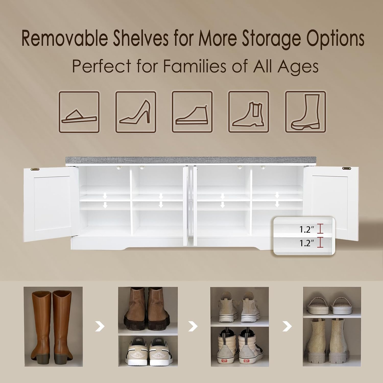 Shoe Bench, Entryway Storage Bench With Doors, Cushion, 2-Tier Shoe Rack With 8-Cubby, 47.2”L X 13.8”W Shoe Organizer Cabinet, Adjustable Shelf, Living Room, Bedroom, White