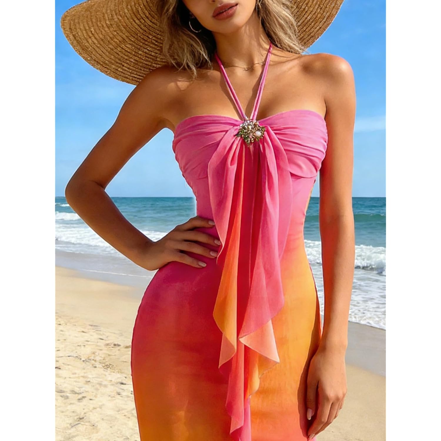 Gorglitter Women'S Floral Ombre Boho Maxi Dresses Halter Starfish Sunset Vacation Beach Cocktail Fishtail Sundress