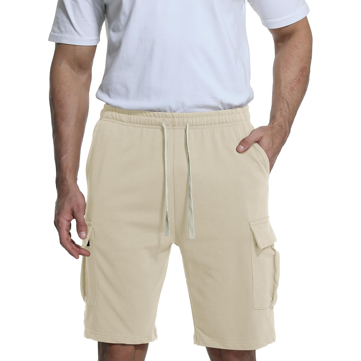 Mens Casual Cargo Shorts Cotton Elastic Waist Drawstring Sweat Shorts Gym Workout Jogger Shorts
