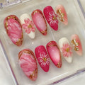30Pcs Pink Press on Nails Medium Almond Fake Nails with Gold Beads Pearl Design Gold Floral Full Cover Acrylic Stick on Nail 3D Gradient Flower False Nails for Women Spring Summer Manicure Decoration