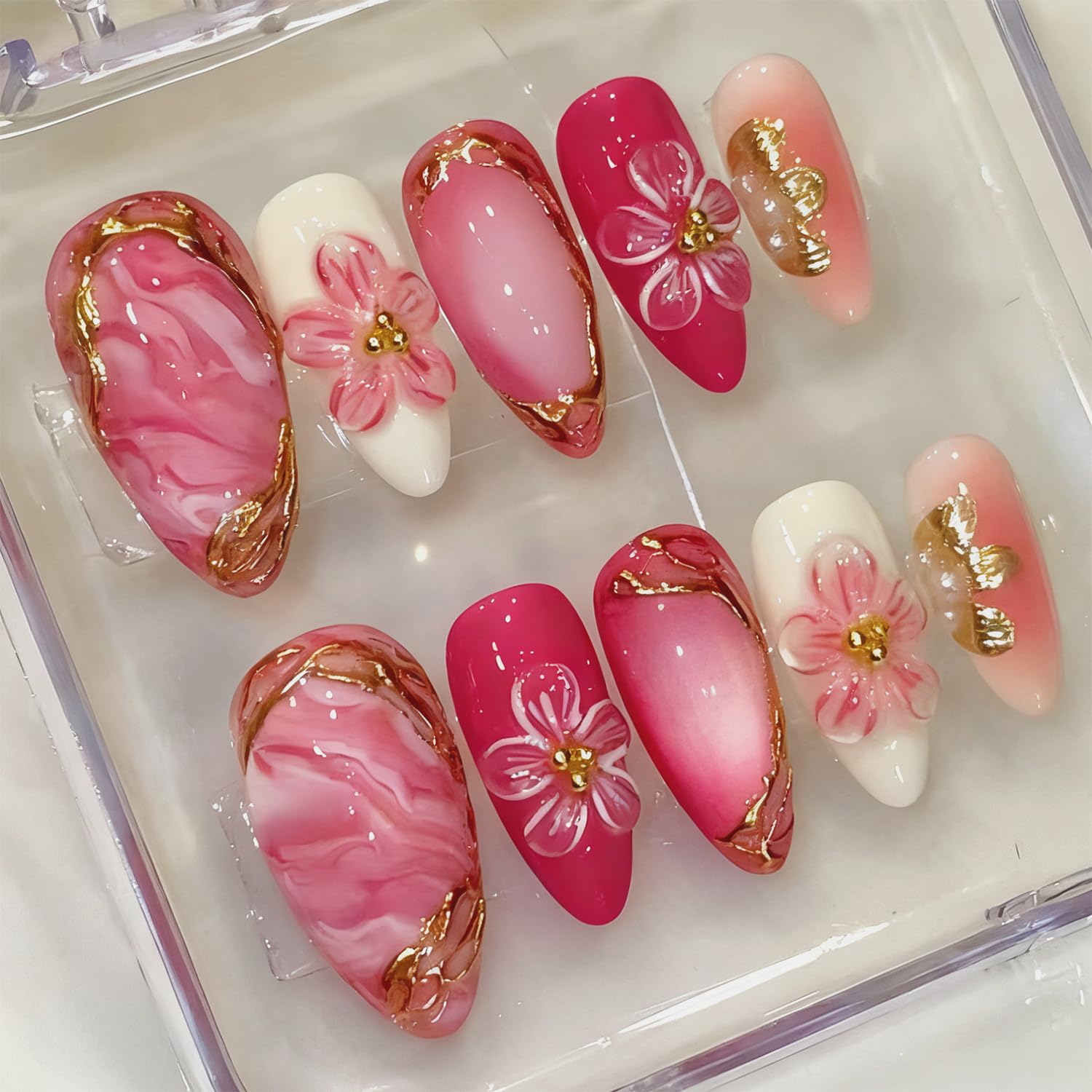 30Pcs Pink Press on Nails Medium Almond Fake Nails with Gold Beads Pearl Design Gold Floral Full Cover Acrylic Stick on Nail 3D Gradient Flower False Nails for Women Spring Summer Manicure Decoration
