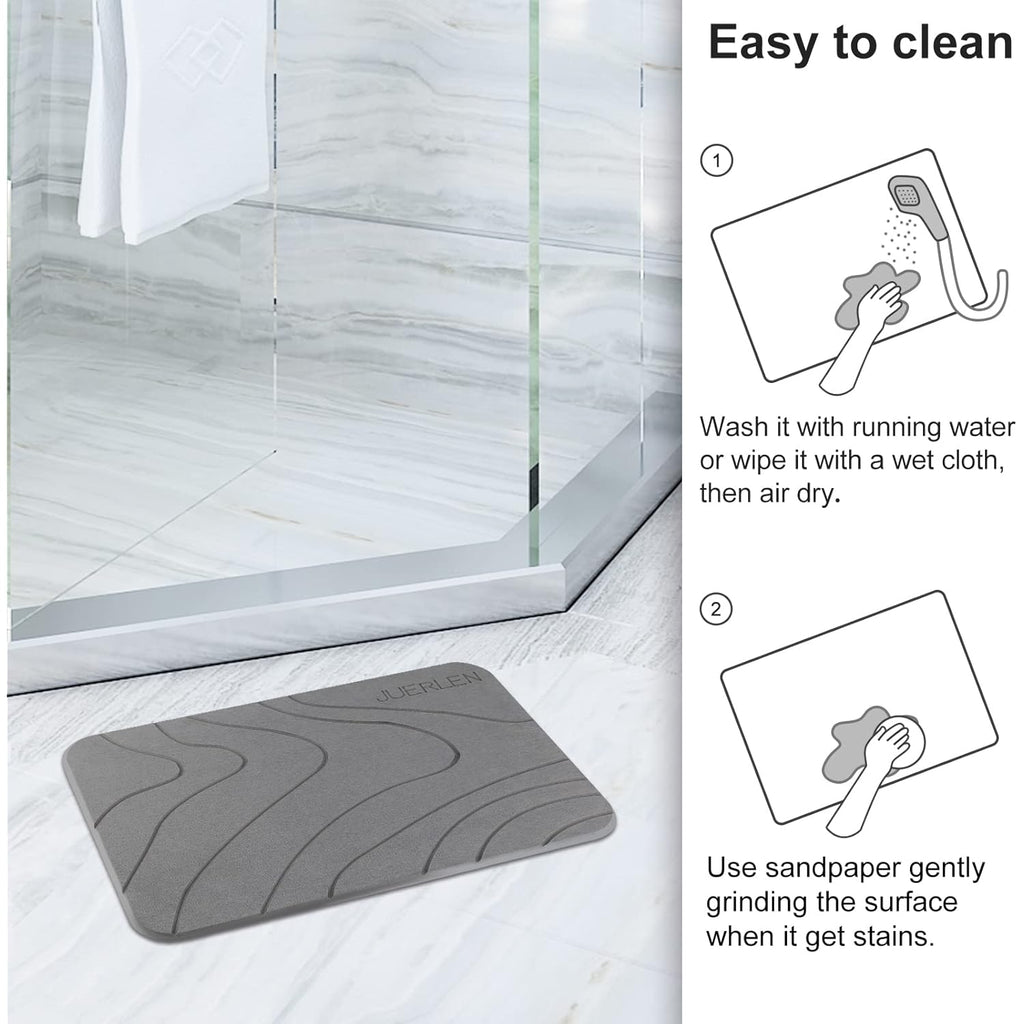 JUERLEN 2 Pack Diatomaceous Earth Shower Mat, Stone Bath Mat, Nonslip Super Absorbent Fast-Drying Hard Bath Mat for Bathroom Shower Floor, 24 x 16 inch, Grey Wave Design