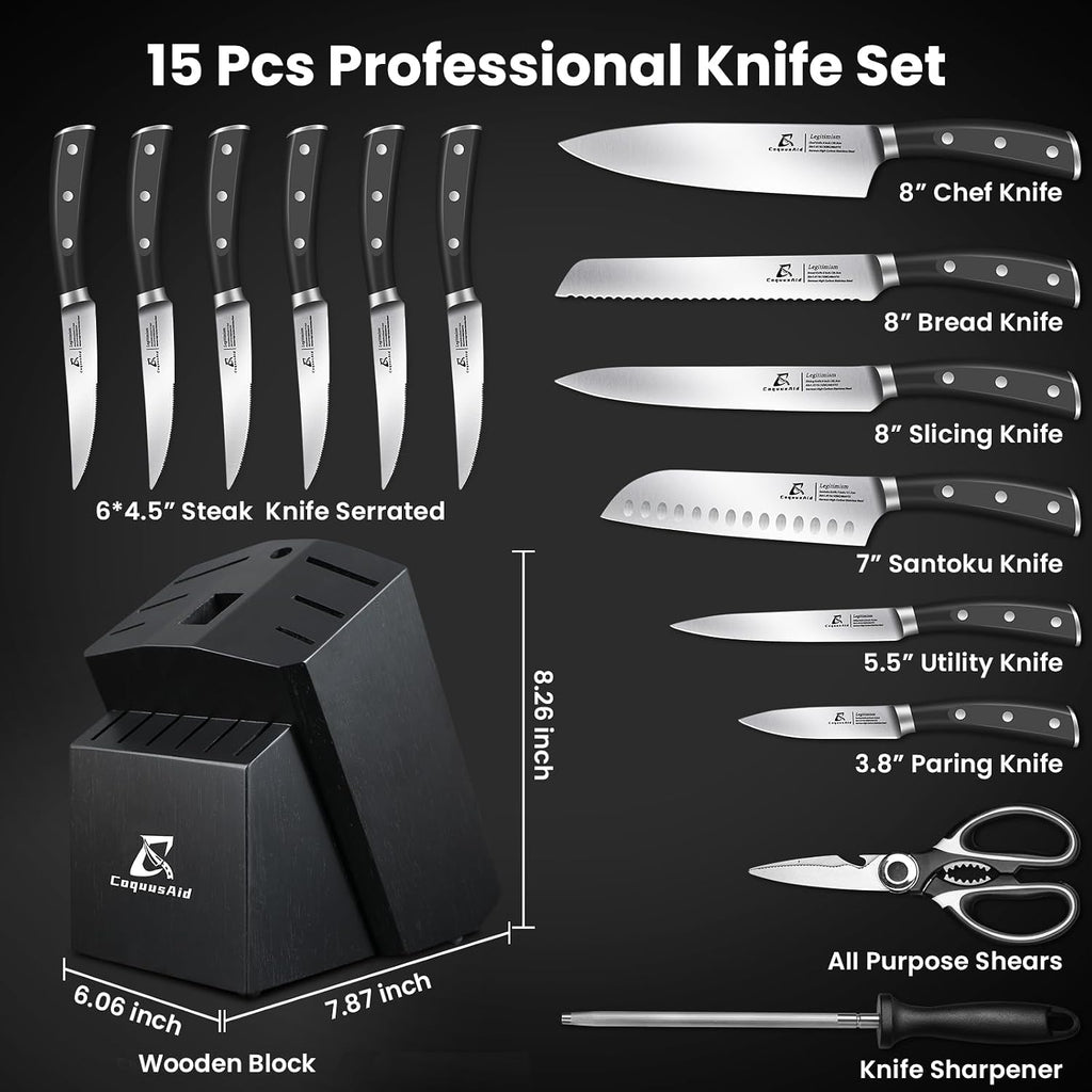 Knife Set, Upgrade 15 Pcs Knife Block Set With Widened Ventilated Slot, German Stainless Steel Kitchen Knives Set With Sharpener, Professional Chef Knives Set, Full Tang Ergonomic Handle