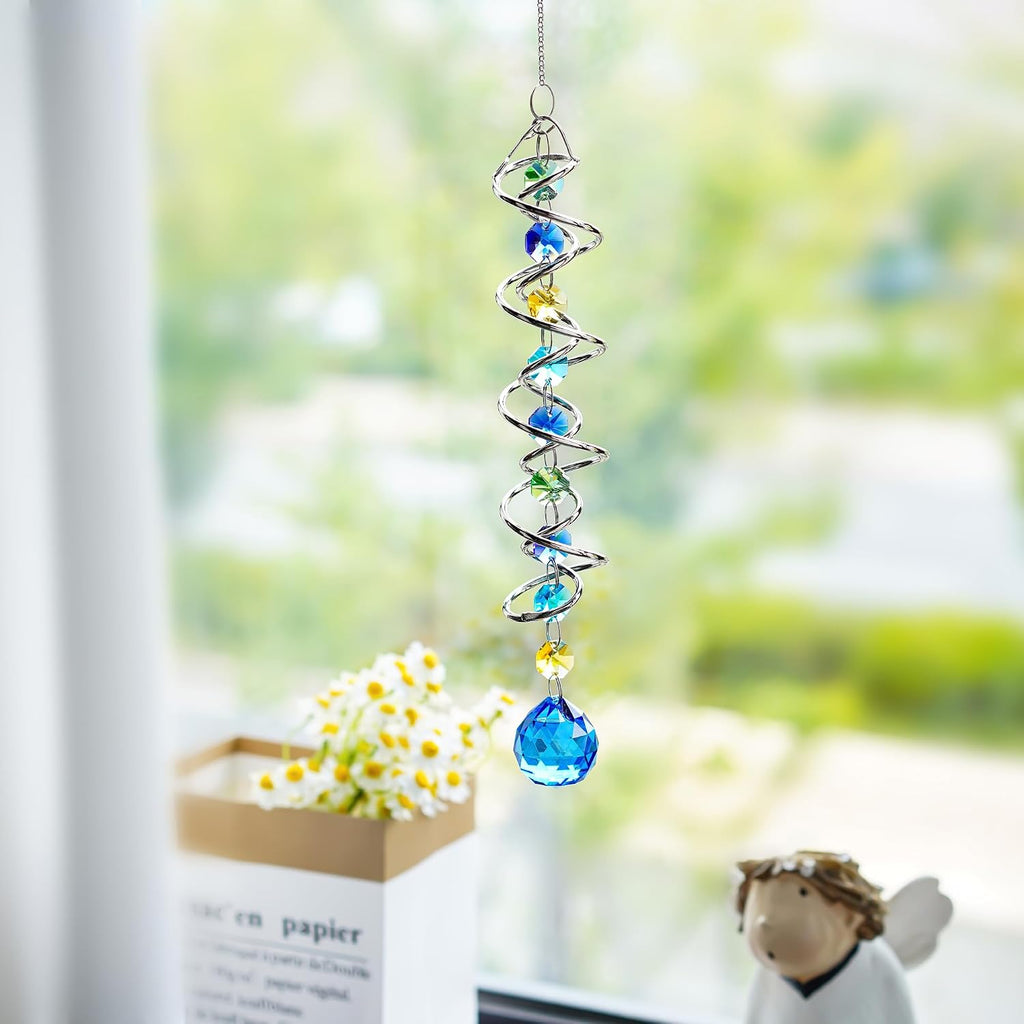 20.5In Sea Blue Crystal Gazing Ball Spiral Wind Spinner Suncatcher | Sea Blue Crystal Gazing Ball Spiral Wind Spinner Rainbow Maker Sun Catcher With Chain For Indoor Outdoor Garden Decor