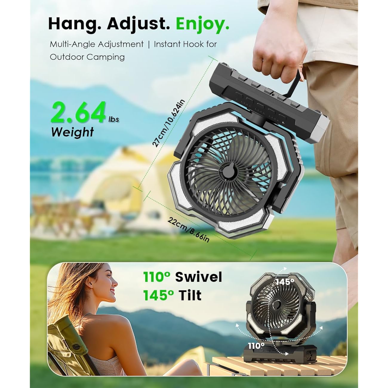 Camping Misting Fan - 24000Mah Portable Battery Powered Fans With 9Oz Water Tank, Light, Hook - Rechargeable, 120H Cooling, Last 5H Mist, 4 Speed, Sleep Mode - Outdoor Gear, Travel Essentials
