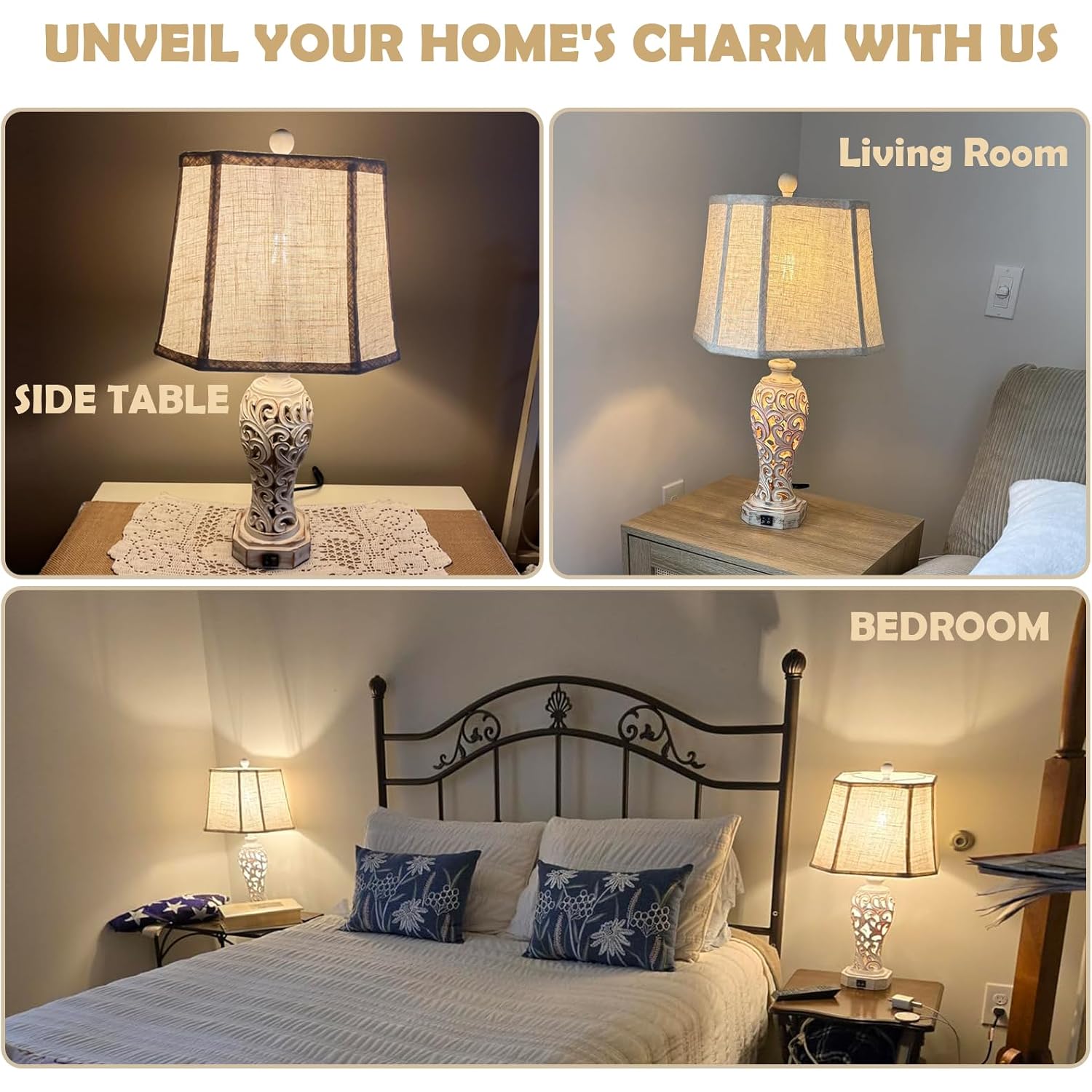 25'' Farmhouse Table Lamp For Living Room Bedroom With Usb C+A | Vintage Rustic Nightstand Desk Lamp With Nightlight, White Hollow Out Resin Lamp For End Table (Bulb Included)
