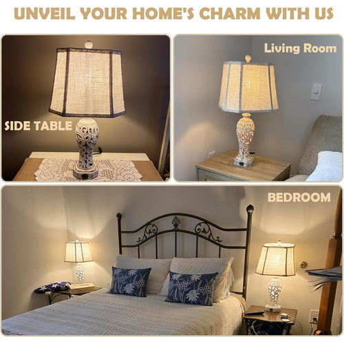 25'' Farmhouse Table Lamp For Living Room Bedroom With Usb C+A | Vintage Rustic Nightstand Desk Lamp With Nightlight, White Hollow Out Resin Lamp For End Table (Bulb Included)