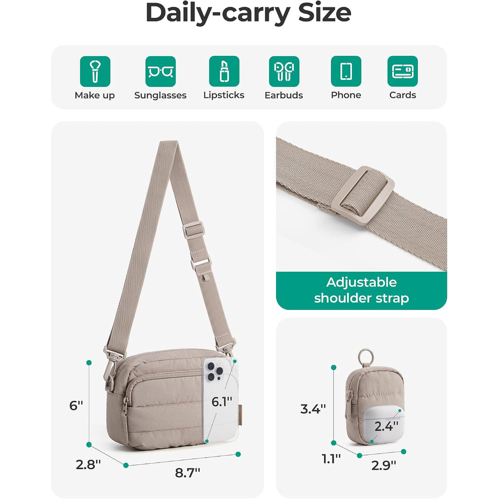 Bagsmart 2-Pc Set Small Crossbody Bags For Women Puffer Shoulder Hobo Purse | Small Hobo Bag With Detachable Cute Earbuds Pouch, Water-Resistant Quilted Nylon Fabric, Daily Casual Travel Work Errands