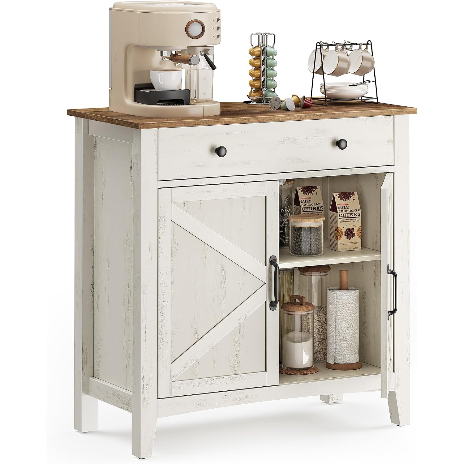 Vasagle Liry Collection - Buffet Cabinet, Coffee Bar Cabinet With A Drawer, Adjustable Shelf, Sideboard Storage With Cable Hole, Drawer Divider, Rustic White And Honey Brown Ubbk341W01V1S