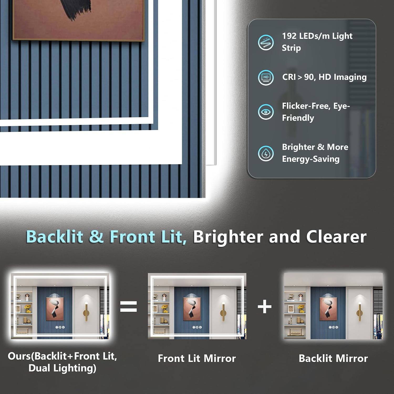 60X40 Led Bathroom Mirror With Lights, Backlit And Front Lit Anti-Fog Lighted Vanity Mirrors For Bathroom Wall, Dimmable, 3-Color Light, Memory, Shatter-Proof, Hd Tempered Glass, Cri＞90