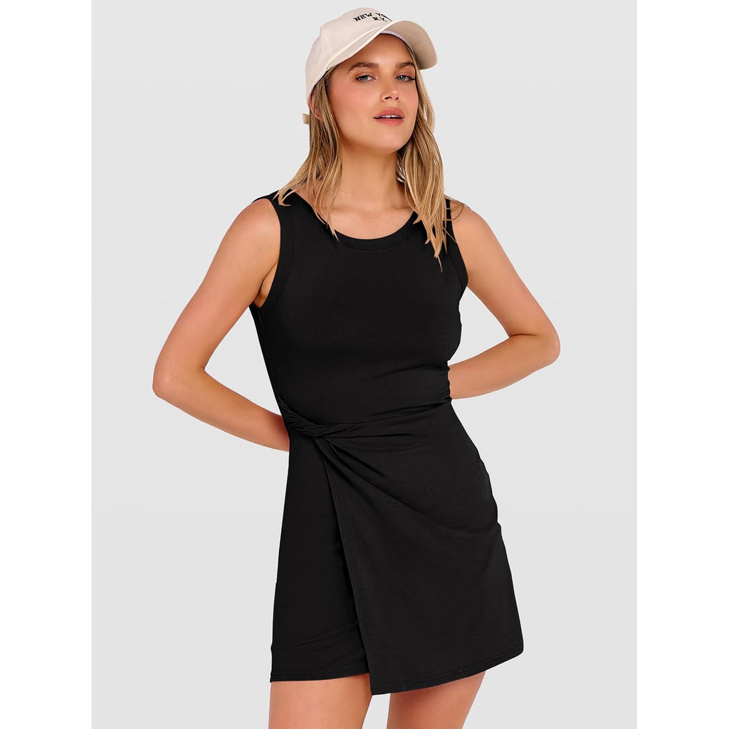 Anrabess Womens Summer Dresses 2026 Bodycon Sleeveless Romper Skort Twist Waist Night Out Vacation Mini Dress Built In Shorts